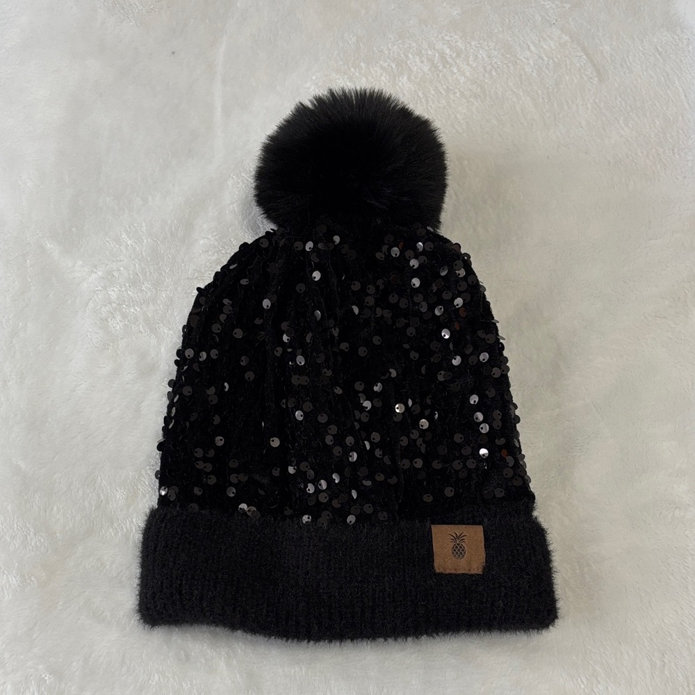 Black Sequin Pom-Pom Beanie 
NWOT